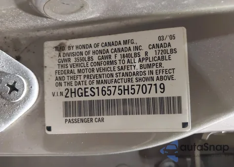 2005 Honda Civic Lx from USA, damaged, VIN 2HGES16575H570719